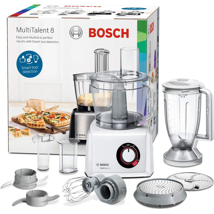 Компактний кухонний комбайн Bosch MultiTalent 8 MC812W501, міксер XXL 3,9 л, міксер 1,5 л, універсальний ніж, диск для решітки, ріжучий рашпіль двосторонній диск, диск для картопляних млинців, 1000 Вт, білий