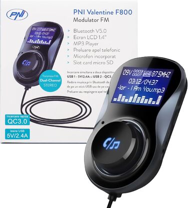 Модулятор PNI Valentine F800 Bluetooth, MP3-плеєр, FM-передавач, слот Micro SD, подвійний USB, QC3.0