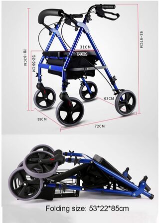 Синій, складаний допоміжний засіб для ходьби, роллятор, візок для покупок, візок з сидінням і ручним гальмом, для людей похилого віку