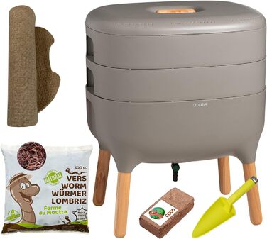 Мутта Urbalive 2 миски сірого кольору, повний комплект I Design Worm Composter I 250 г компостних черв'яків / 500 шт. I Стартовий субстрат I Конопляний килимок лопата I Приміщення, балкон і сад