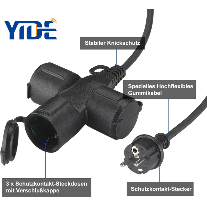 Подовжувач YIDE Outdoor 5м з 3 розетками Schuko, гумовий подовжувач для вулиці IP44, 3 захисні контактні розетки із захисним ковпачком, будівельний кабель живлення Outdoor 3500 Вт, 3-смуговий розподільник 5 метрів