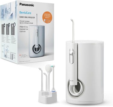 Сімейна флоссер Panasonic EW1614AW503-PACK, Іригатор для зубів, Ультразвуковий промінь, Дитячий режим, 10 налаштувань тиску, IPX7, Ортодонтія, 5 насадок, З живленням від мережі, Білий