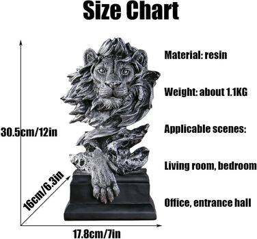 Прикраса вітальні Zyqixluk Статуя лева Сучасна фігурка голови лева, прикраса скульптури зі смоли, статуя голови тварини, фігурка, ремесла, прикраси для дому, офісу, прикраси, подарунок, срібло, срібло, срібло