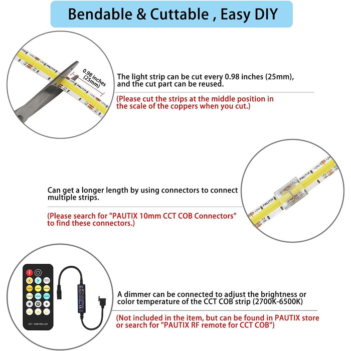 Світлодіодна стрічка PAUTIX COB CCT Теплий білий Холодний білий, 5M 3200 світлодіодів з можливістю затемнення 2700K-6500K 24V Набір світлодіодних стрічок з джерелом живлення та радіочастотним пультом дистанційного керування для спальні Кухня Телевізор Дзе