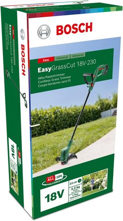 Для дому та саду 06008C1A03 Тример для трави Bosch EasyGrassCut 18V-230 ( акумулятор 2,0 Агод, система 18 Вольт, діаметр ріжучого кола 23 см, в коробці) Класичний зелений