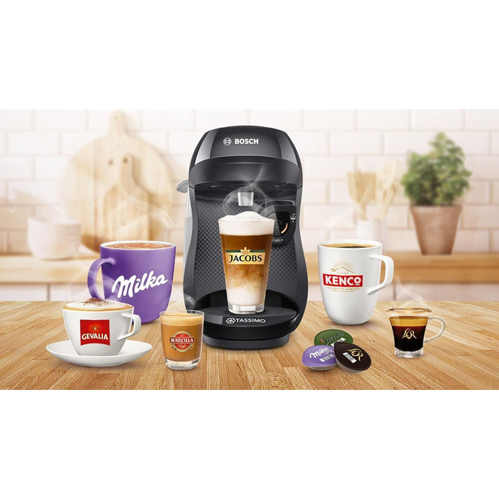 Капсульна машина Bosch Tassimo Happy TAS1002N кавоварка від Bosch, понад 70 напоїв, повністю автоматична, підходить для всіх чашок, компактна, 1400 Вт, чорний/антрацит