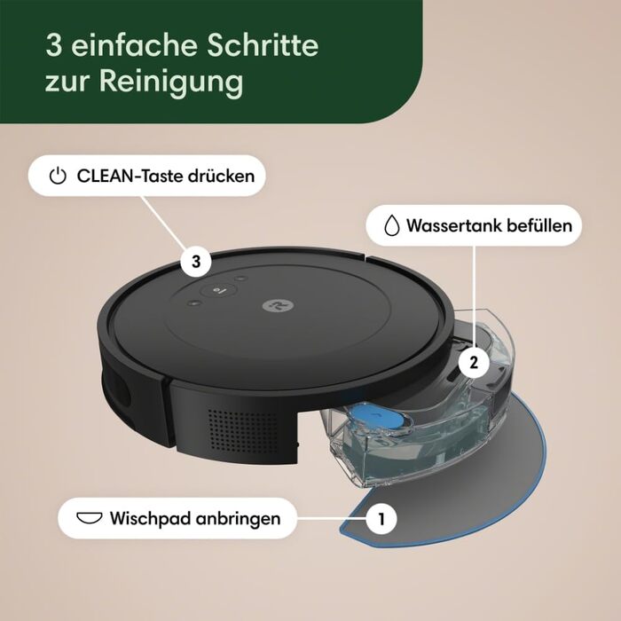 Робот iRobot Roomba Combo Essential для пилососа та швабри (Y0110), потужний пилосос та миття, 3 рівні всмоктування, точкове прибирання, керування за допомогою програми, кнопок або голосу, чорний