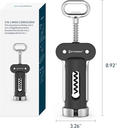 В опор для вина, відкривачка для вина зі знімним різаком для фольги, підйомник для кришок з багатофункціональною, ручною відкривачкою для пляшок для пробок і кришок, чорна, 3