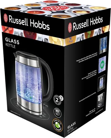 Чайник Russell Hobbs скляний 1,7 л, 2200 Вт нержавіюча сталь (синє світлодіодне освітлення, опція 1 чашка, знімний фільтр з вапняним фільтром, індикатор рівня води з позначкою кількості наповнення) Чайник для чаю 21600-57 Скляний чайник одномісний