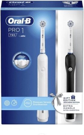 Електричні зубні щітки Oral-B Pro 1 790 Sensitive (2 шт. и) з акумуляторними ручками, технологія Braun, 1 запасна головка, зарядний пристрій і датчик тиску, біла і чорна, оригінальні подарунки