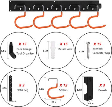 Регульована система зберігання FIAMER для важких умов експлуатації, 121 см, гаражне зберігання, тримач садового інструменту, органайзер для садового інструменту, настінне кріплення, органайзер для інструментів, органайзер для гаража (помаранчевий)