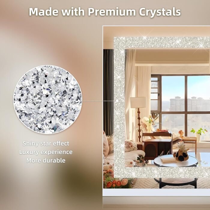 Дзеркало для макіяжу Hansong з підсвічуванням Crystal Crush Diamond Mirror, голлівудське дзеркало з сенсорним екраном з регулюванням яскравості та світлодіодною стрічкою, дзеркало для макіяжу з USB-роз'ємом для настільного або настінного кріплення