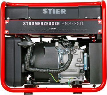 Електрогенератор STIER SNS-350, Генератор електроенергії, Об'єм бака 13 л, 38 кг, Тихий електропоїзд з 69 дБ(А), 4-тактний двигун, Інверторний генератор електроенергії, з датчиком масла, Час роботи до 8 годин, макс. 3500 Вт