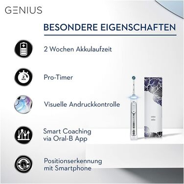 Електрична зубна щітка Oral-B Genius 8500, 5 режимів чищення зубів для догляду за зубами та додаток Bluetooth, дизайнерське видання з дорожнім кейсом, подарунок для неї/нього, срібло