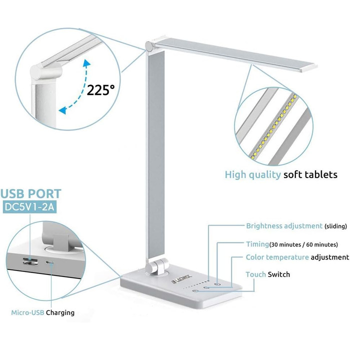 Настільна лампа Lacmisc Настільна лампа з регулюванням яскравості 5 кольорів і 10 рівнів яскравості Настільна лампа Світлодіодне сенсорне керування Рівні яскравості Настільне світло та USB-порт 01 -Сріблястий - 6 Вт