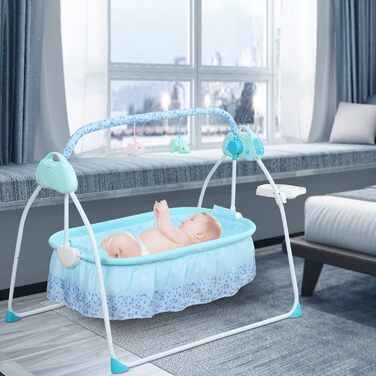 Дитяче ліжко Geweered Baby Swing Електронна розбірна дитяча гойдалка, з полицею для іграшок-головоломок, U-подібна подушка, зручна та надійна, вантажопідйомність 25 кг/55 фунтів для 0-18 місяців (синій)