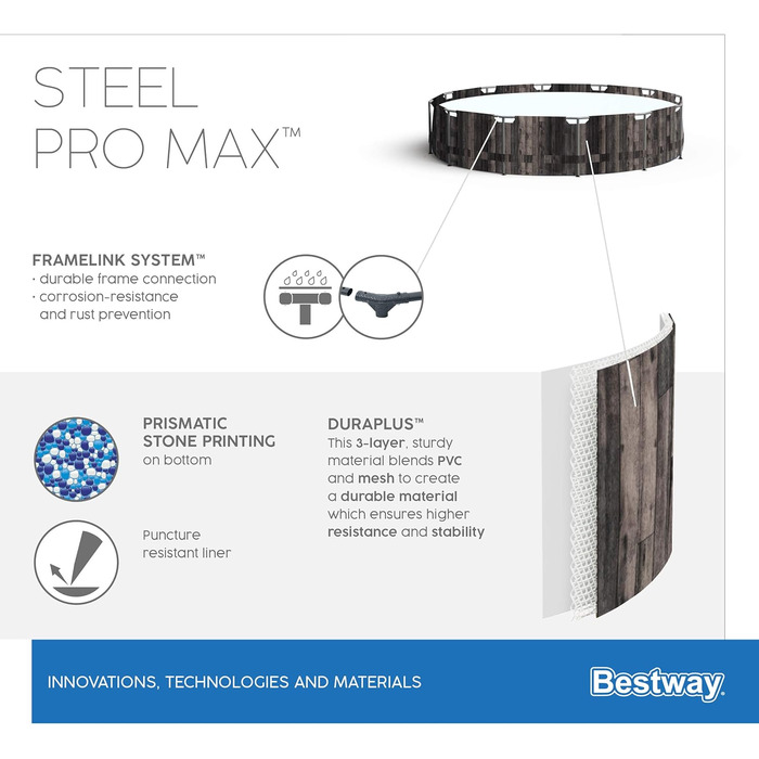 Набір каркасних басейнів Bestway Steel Pro MAX з фільтруючим насосом Ø 366 x 100 см, дерев'яний вигляд (морений дуб), круглий одинарний