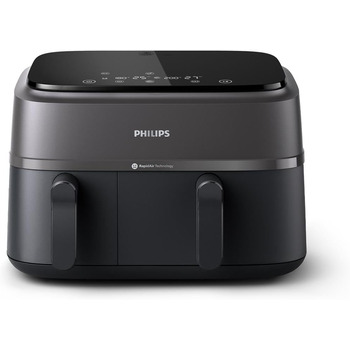 Мультипіч Philips із подвійним кошиком серії 3000, 9 л, 2 шухляди, функція синхронізації, технологія Rapid Air, універсальна велика фритюрниця, на 90 менше жиру та енергозбереження, додаток HomeID (NA350/00)