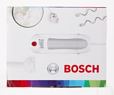 Ручний міксер Bosch MFQ3540, ручний міксер, 2 вінчики, 2 гачки для тіста з нержавіючої сталі, можна мити в посудомийній машині, 5 рівнів, ручний блендер, глечик для блендера, 450 Вт, білий одинарний