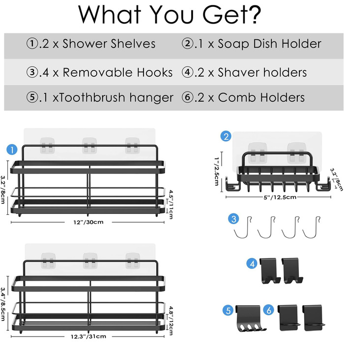 Полиця для душу, самоклеюча, покращені полиці, 9 знімних аксесуарів для душу, мильниця, нержавіюча сталь, органайзер для ванної кімнати, полиця для внутрішнього душу, зберігання, чорна, 3-5