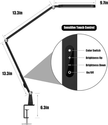 Настільна лампа, JKSWT Eye Care, регульована поворотна настільна лампа з затискачем, 72 світлодіоди, 5 колірних режимів, 5 рівнів яскравості настільна лампа, офісна лампа з функцією пам'яті та сенсорним керуванням, чорний