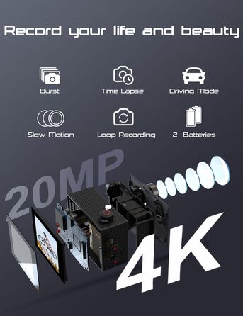 З картою 64G Action Cam 4K30FPS 20MP WiFi Спортивна камера Підводна камера 40 м Водонепроникна 170 Широкий кут 2.4G Пульт дистанційного керування 2x1050mAh батареї з комплектом аксесуарів, 80Air