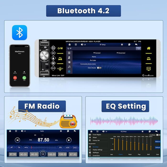 Бездротова автомобільна стереосистема Apple Carplay з екраном Камера заднього виду 7 Автомобільна радіостанція з ручним висувним дисплеєм з бездротовим Android Auto Mirror Link FM-радіо Bluetooth SWC USB Type-C Мікрофон 7'CAM3 (5.1'CAM3), 1 Din