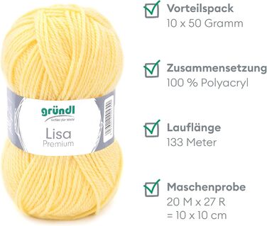 Пряжа Grndl Lisa Premium Uni Knitting & Chet Yarn (м'яка і схожа на шерсть, проста в догляді миється трикотажна пряжа з 100 поліакрилу, 50 г/ 133 м, розмір голки 3,5 - 4,5, 10 клубків по 50 г кожен), (пастельно-жовтий)