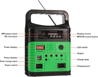 Портативна електростанція на сонячному генераторі, з сонячною панеллю та світлодіодними лампами, з функцією радіо Bluetooth MP3, для кемпінгу на відкритому повітрі, надзвичайної риболовлі, полювання, подорожей (зелений)