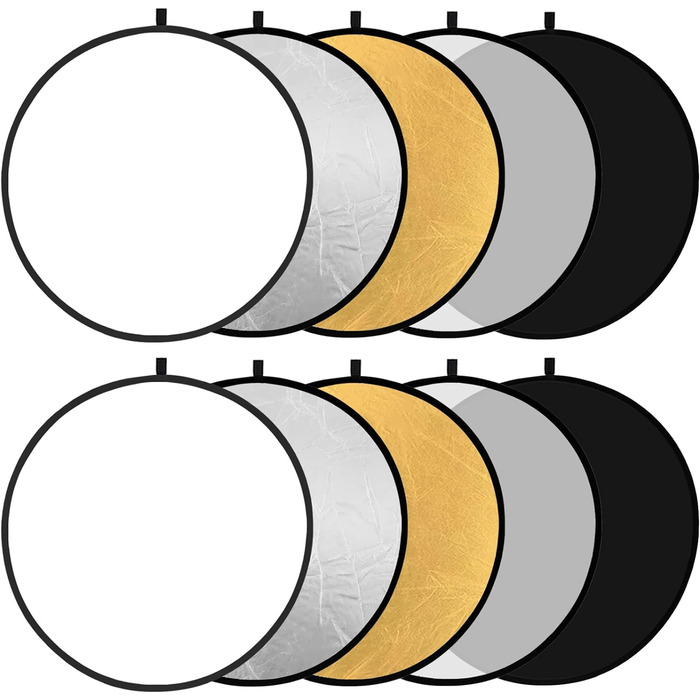 В 1 Рефлектор 110 см 43 дюйми, розбірний рефлектор для фотографії, з сумкою для перенесення, напівпрозорий сріблястий, золотий, білий і чорний для освітлення для студійної фотографії, 2 Pack 5