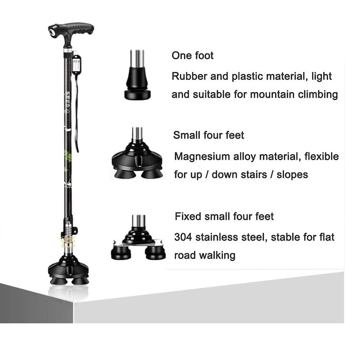 Палиці для ходьби для літніх людей, карбонові милиці, надлегкі, телескопічні палиці для ходьби, чотириногі, легкі, зі світлодіодом, для літніх людей, Safehappy