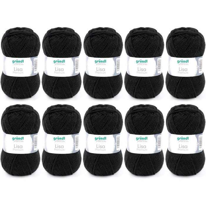 Пряжа Grndl Lisa Premium Uni Knitting & Crochet Yarn (м'яка і схожа на шерсть, проста в догляді миється трикотажна пряжа з 100 поліакрилу, 50 г/ 133 м, розмір голки 3,5 - 4,5, 10 клубків по 50 г кожен), (чорний)