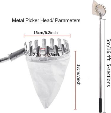 Плодозбиральна машина, 8 футів/5 м з легкою телескопічною жердиною з нержавіючої сталі, портативний пристрій для збору плодів Плодозбиральна машина на великій висоті для збору яблук, груш, манго, апельсинів і т.д.