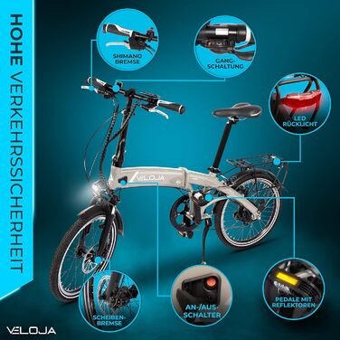 Складний велосипед VELOJA Ebike - електричний велосипед складний - 20 дюймів - обладнання StZVO - двигун задньої втулки 250 Вт 41 Нм, відстань до 100 км - 9 передач - 5 рівнів опори - алюміній - 21 кг - зроблено в ЄС