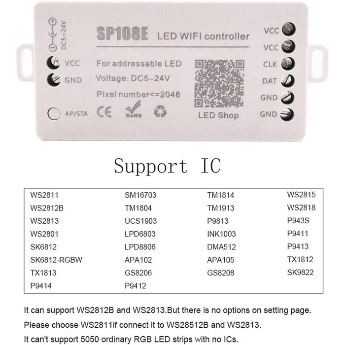 Світлодіодний WiFi контролер, бездротовий пульт дистанційного керування для iOS Android SP108E для SK6812 SK6812 RGBW WS2812 WS2813 WS2815 Цифрова адресна RGB світлодіодна піксельна стрічка постійного струму 5 В 24 В, 2812B WS2811