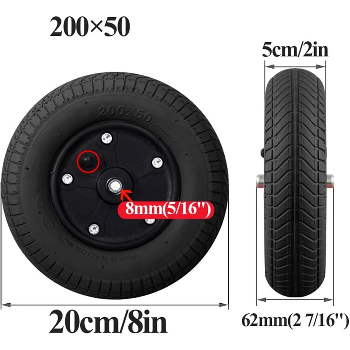 Дюймові передні колеса інвалідного візка (2), нековзні пневматичні коліщатка з шинами 200 50, заміна для інвалідних візків, підшипник 5/16 дюйма (8 мм) 200x50 Чорний, 8-