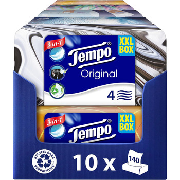 Коробка носових хустинок Tempo XXL - Value Pack - 10 коробок, 140 серветок в коробці - надзвичайно міцні, м'які паперові хустинки, можна прати в пральній машині