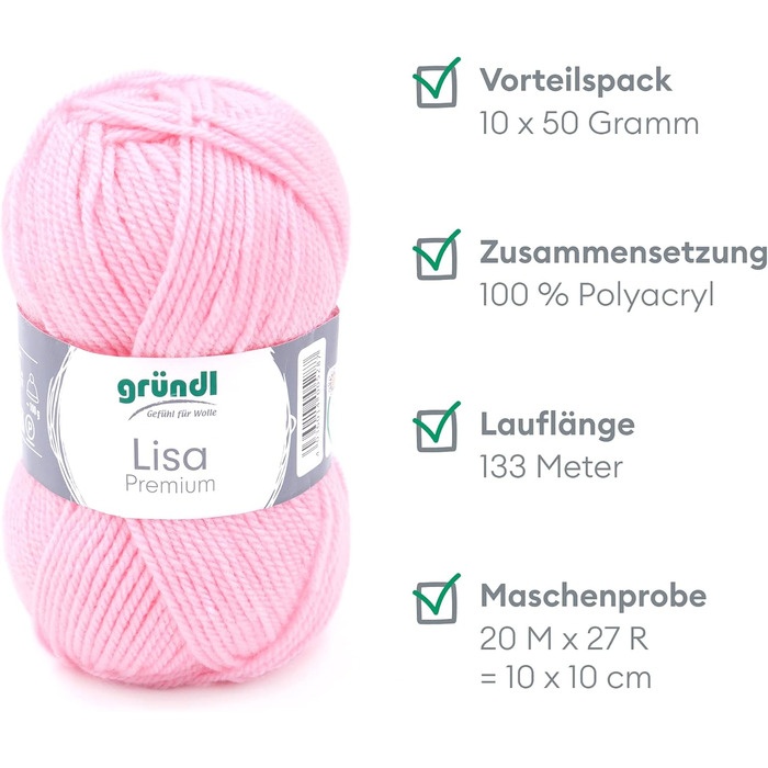 Пряжа Grndl Lisa Premium Uni Knitting & Chet Yarn (м'яка і вовняна пряжа, проста в догляді миється трикотажна пряжа з 100 поліакрилу, 50 г/ 133 м, розмір голки 3,5 - 4,5, 10 клубків по 50 г кожен), (baby pink)