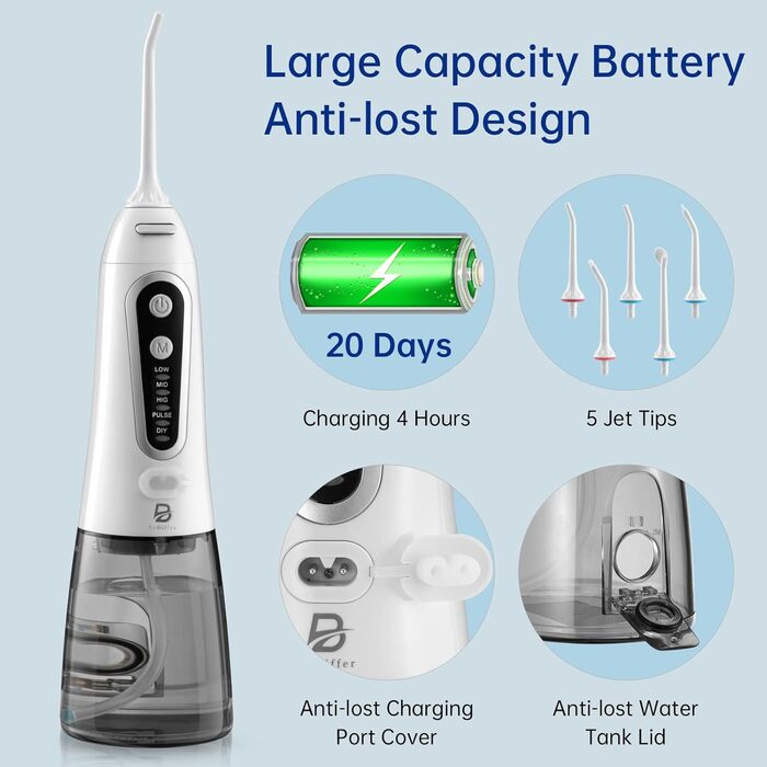 Бездротовий водяний флоссер електричний з 5 режимами та 5 насадками Water Flosser IPX7 Водонепроникний USB-заряджання 300 мл Іригатор порожнини рота Water Flosser Очищувач зубів для домашніх подорожей (білий)
