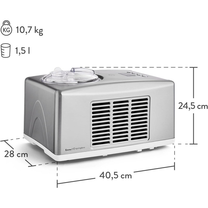 Машина для виробництва морозива SPRINGLANE Emma 1,5 л з самоохолоджуючим компресором 150 Вт, машина для морозива з нержавіючої сталі зі знімним контейнером для морозива, включаючи буклет рецептів Антрацитова морожениця додатковий контейнер з нержавіючої с