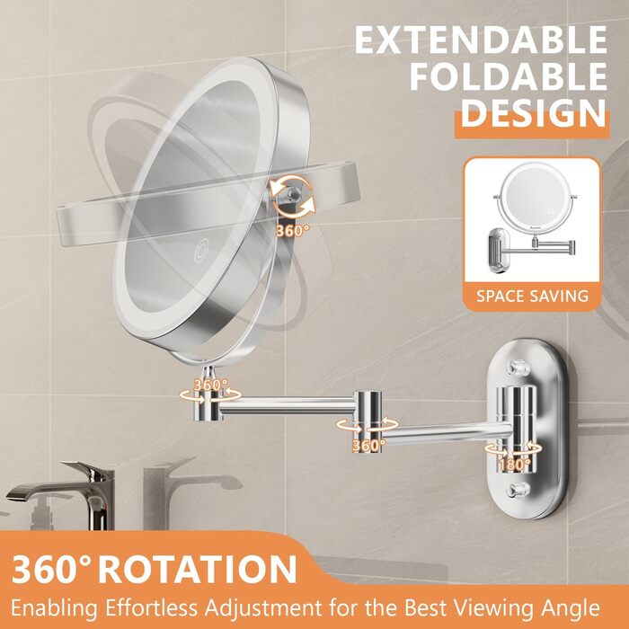 Зі світлодіодним підсвічуванням зі збільшенням 1-/10X, дзеркало для макіяжу з можливістю затемнення та батареєю сенсорного перемикача, дзеркало для гоління двостороннє настінне кріплення на 360 для ванної кімнати, спа та готелю 10-кратна батарея