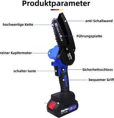 Міні-бензопила, 4-дюймова акумуляторна ручна електрична бензопила Qimu з 1 акумулятором і 2 ланцюгами, портативна маленька бензопила на 21 В із запобіжником, для обрізання стовбурів дерев Міні-бензопила з 1 акумулятором