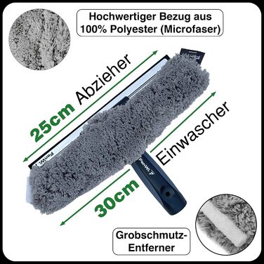 Професійний комбінований склоочисник FenWi шириною 25/30 см для невеликих скляних поверхонь з віконним ракелем, рейкою та шайбою з нержавіючої сталі з чохлом для швабри з мікрофібри та 2 шт. гумовою губкою (м'яка/жорстка)