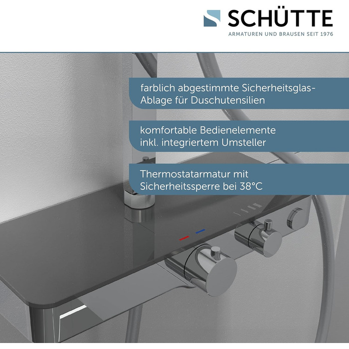 Душова система Schtte OCEAN з термостатом і скляною поличкою для душу 30x30 см, тропічним душем з настінним кронштейном і душовою лійкою, душова панель, хром/антрацит 60531