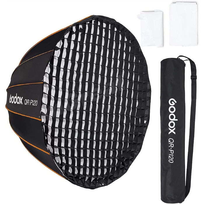 Параболічний софтбокс GODOX QR-P120 47,1 дюйма/120 см з решіткою радіатора Bowens, параболічний софтбокс з швидкознімним механізмом з переднім і внутрішнім дифузором SL-60W AD600BM VL150 UL150 SL150II Amaran 100X