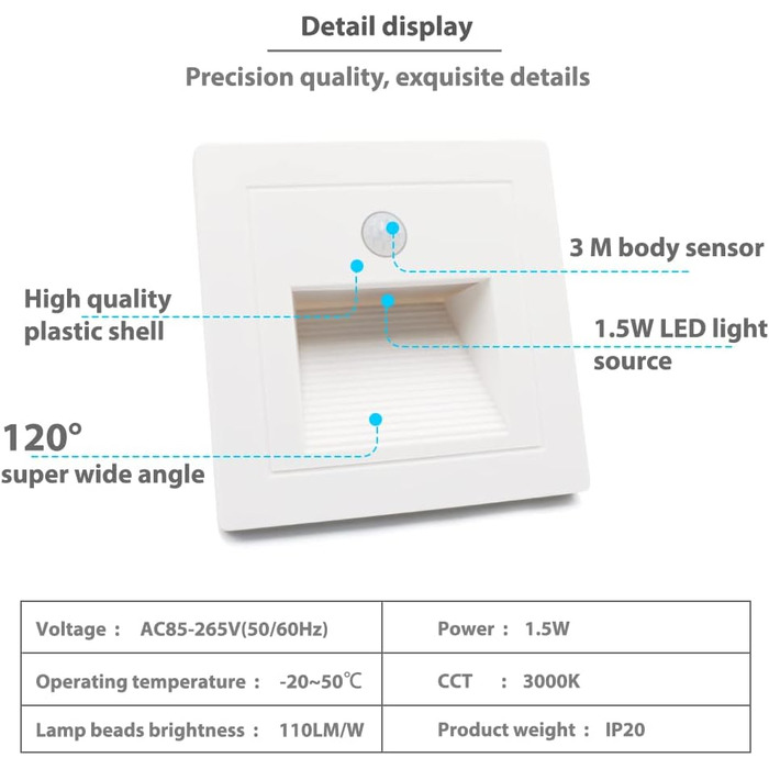 Вт світлодіодні сходи з датчиком руху теплий білий 3000K світлодіодний вбудований настінний світильник вбудований настінний точковий світильник білий сходинка лампа освітлення сходів для 60 мм круглий, 86 мм квадратний короб прихованого монтажу 230В для в