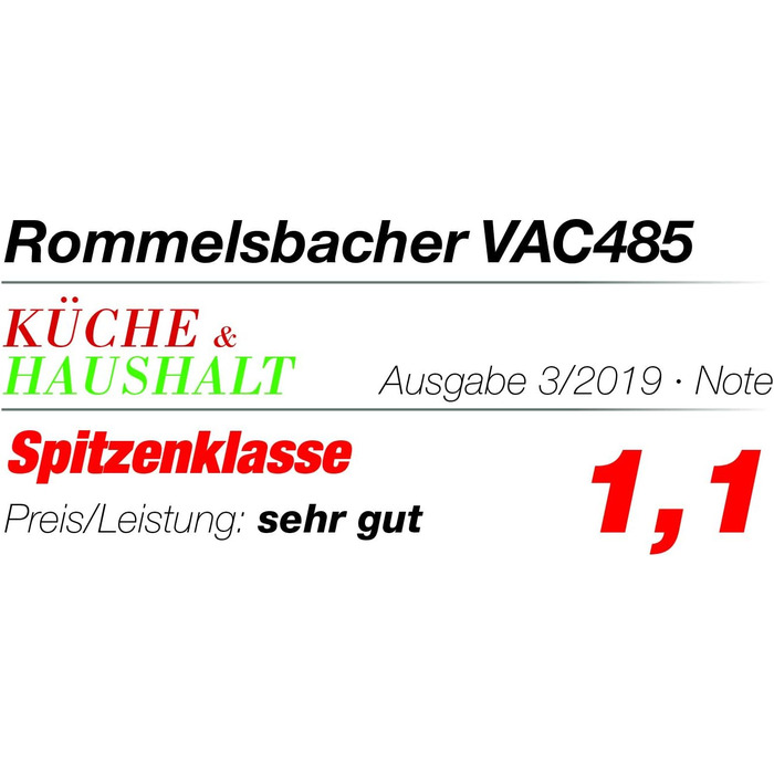 Вакуумний пакувальник ROMMELSBACHER VAC 485 продуктивність екстракції 15 літрів/хв., керування однією рукою, підходить для тривалої роботи, подвійний герметизація шва, 2 рази герметизації, для плівок шириною до 30 см, автоматична приблизно 15 літрів/хв