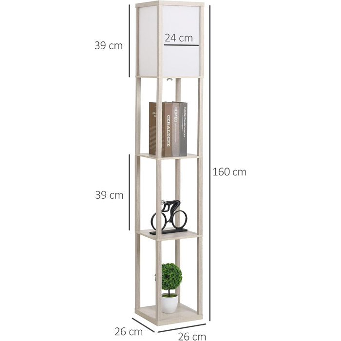 Торшер HOMCOM Торшер з 3 полицями Внутрішнє освітлення від E27 до 40W для вітальні/спальні E1-MDF, Дуб акрилБілий 26 x 26 x 160 см