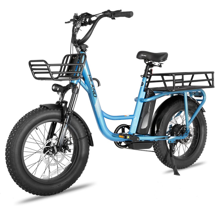 Дюймовий Fat Tire Cargo E-Bike для жінок та чоловіків, потужний електровелосипед з двигуном 48В та акумулятором 15Аг, 7 передач, легка алюмінієва рама з підвісною вилкою, багажник синього кольору., 20-