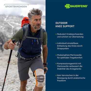 Наколінник BAUERFEIND для туризму Outdoor Knee Support, 1 унісекс наколінник для туристичного спорядження, можна носити праворуч і ліворуч, індивідуально регульований ремінь, мериносова шерсть XL